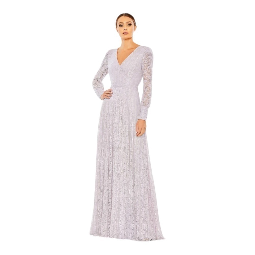 Mac Duggal Beaded Lace Long Sleeve Wrap Over Gown in Lavender NWT